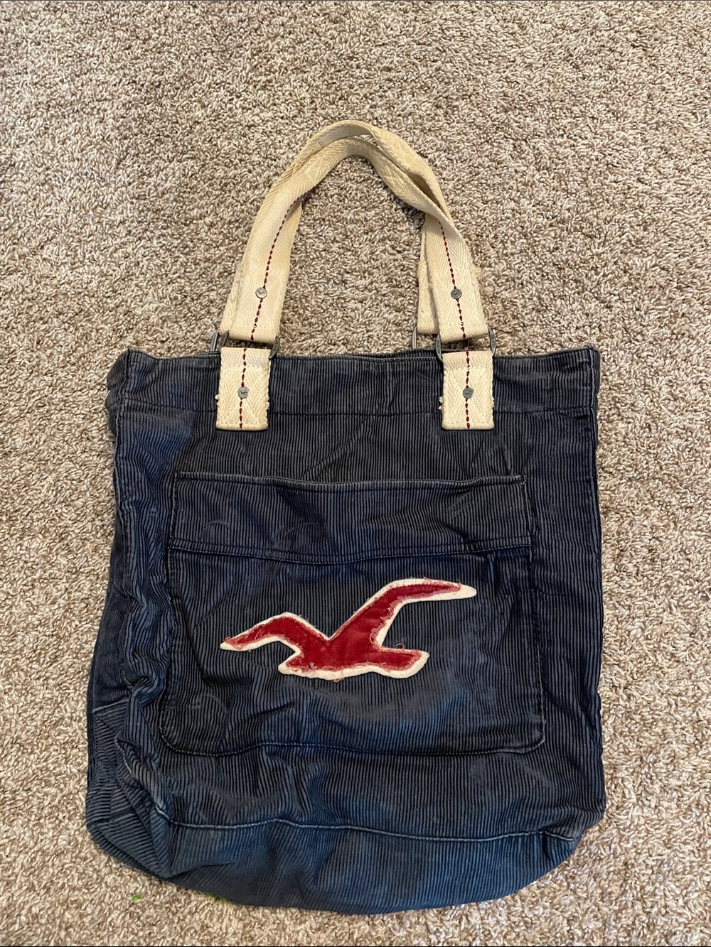 Y2K Hollister Navy Corduroy Tote with burgundy Seagull Patch and Cream Handles